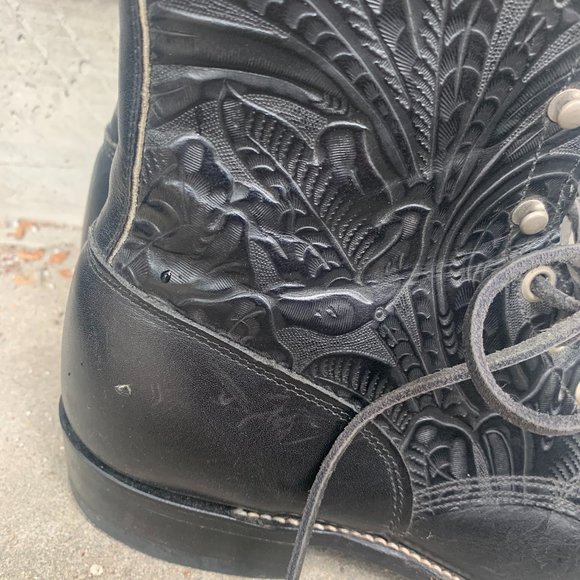 Larry Mahan lace-up tooled leather boots 6M black - Picture 8 of 9